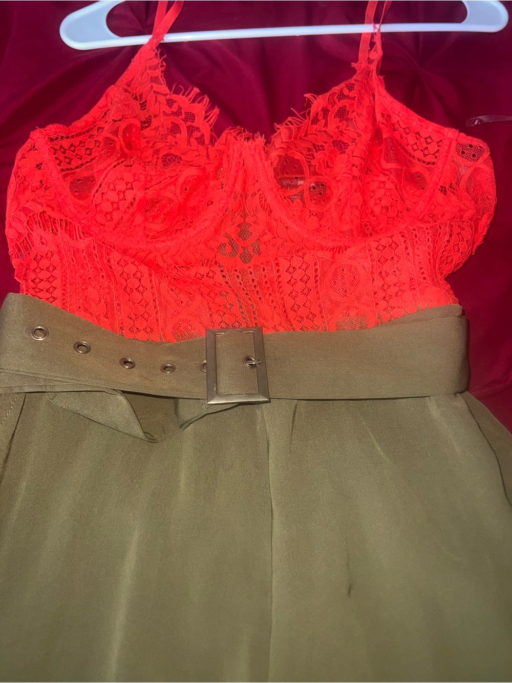 Fashion Nova Coral Lace Bodysuit with Olive Zipper Detail
